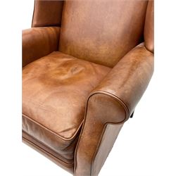Laura Ashley - wingback armchair, upholstered in brown leather, on cabriole front feet