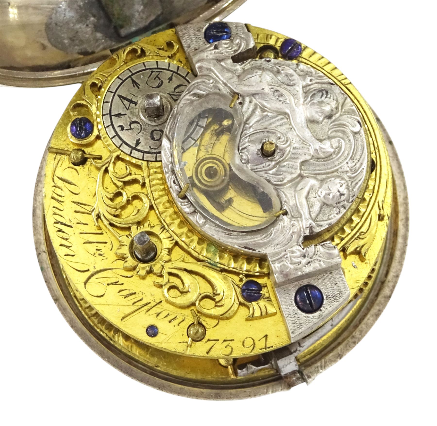 George III silver pair cased mock pendulum verge fusee pocket watch by William Crayton, London, No. 7391, the balance cock embossed with cherub decoration, white enamel dial with Arabic numerals and bull's eye glass, case by Thomas Sones, London 1761