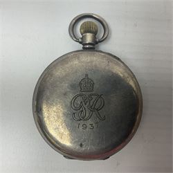 Early 20th century J.W Benson silver half hunter commemorative pocket watch, commemorating the coronation of King George VI, engraved verso with crowned GR VI cipher dated 1937, with white enamel Roman numeral dial and Arabic numeral subsidiary seconds dial, the silver case with blue enamel Roman numeral chapter ring surrounding glazed cover, hallmarked