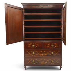 19th century French Louis XVI design mahogany and polychrome painted gentleman's press wardrobe - projecting cavetto cornice with urn and bellflower painted frieze, the twin doors with classical figural medallions surmounted by urns and festoon decoration with scrolling acanthus leaves, enclosing five sliding trays, the base fitted with two short over three long cock-beaded drawers, the facias painted with interlocking swags and garlands of bouquets with recumbent lion brass handle-plates, lower reeded edge on turned feet