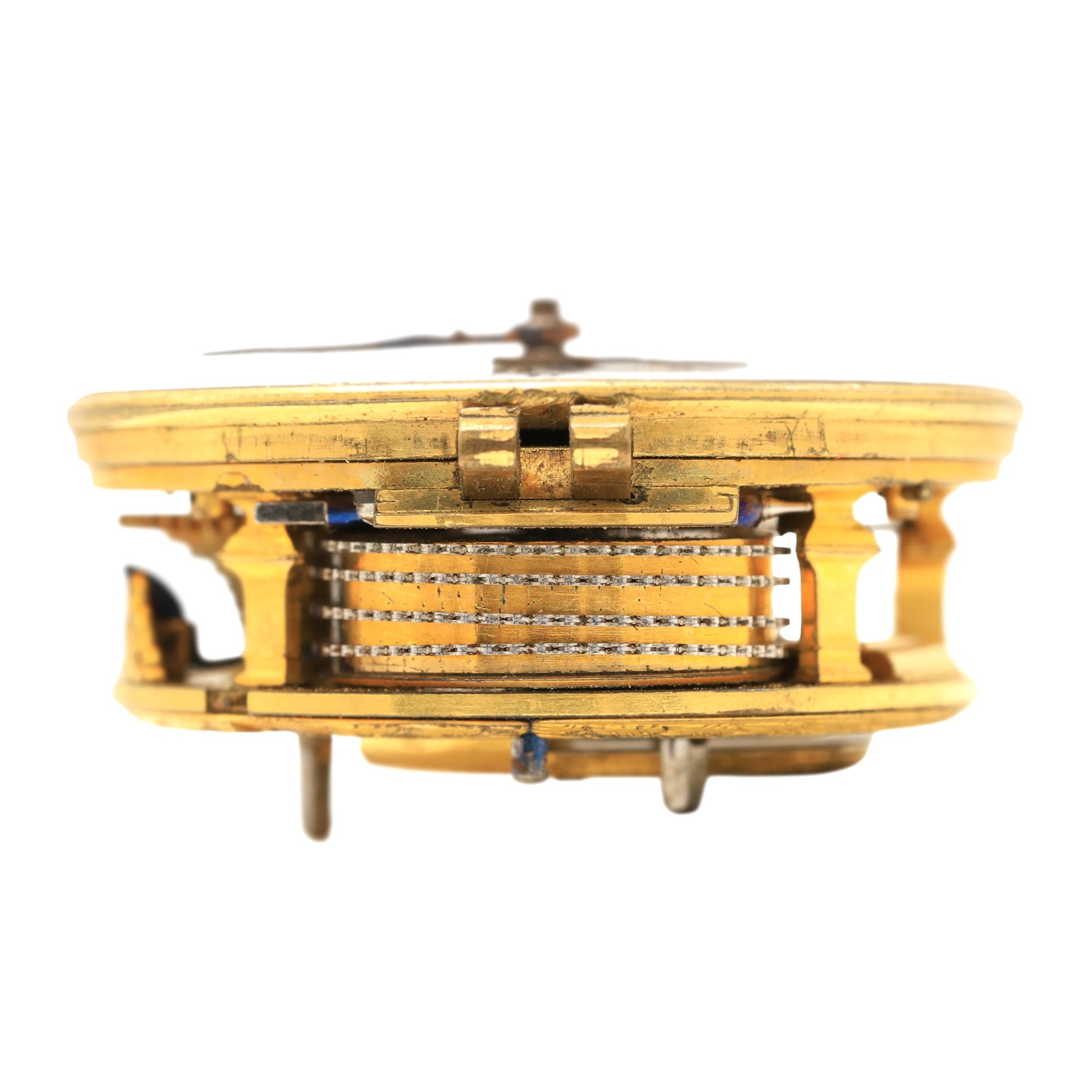 18th century verge fusee pocket watch movement by Andrew Dickie, Edinburgh, No. 1586, square baluster pillars, pierced and engraved balance cock decorated with a mask and diamond endstone, white enamel dial with Roman hours and outer Arabic minute ring with beetle and poker hands