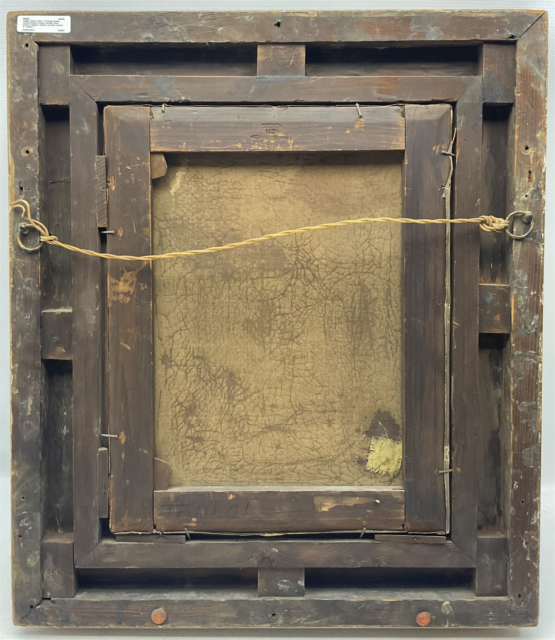 English School (Mid 19th century): Portrait of Major General Richard George Connelly, three-quarter in length in uniform, oil on canvas unsigned, titled on plaque, formerly inscribed 'painted at Chatham February 1844' verso 43cm x 35cm 
Provenance: from the collection at Athelhampton House, Dorset