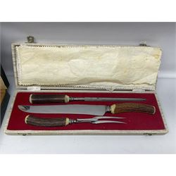 Cased antler handled carving set, other cased cutlery, WMF set of spoons; and WMF napkin ring