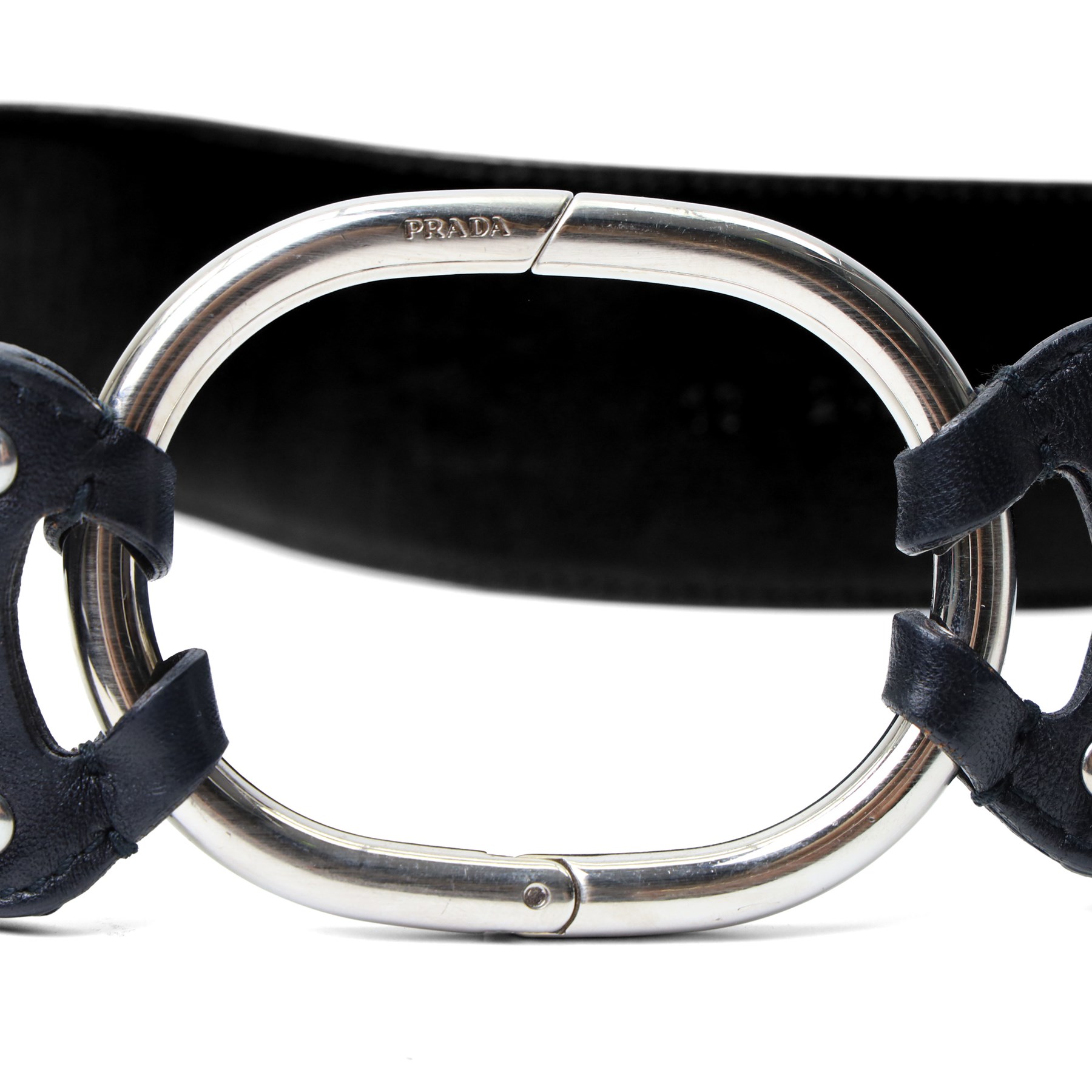 Prada - wide black leather waist belt, with oversized silver-tone circular ring clasp stamped PRADA, size 90/36