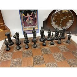 1950s Smiths mahogany mantel clock, with circular glass cover and roman numerals to frame, raised on bracket feet, together with Pierrot 'Dancing Clown' musical box and chess set with board