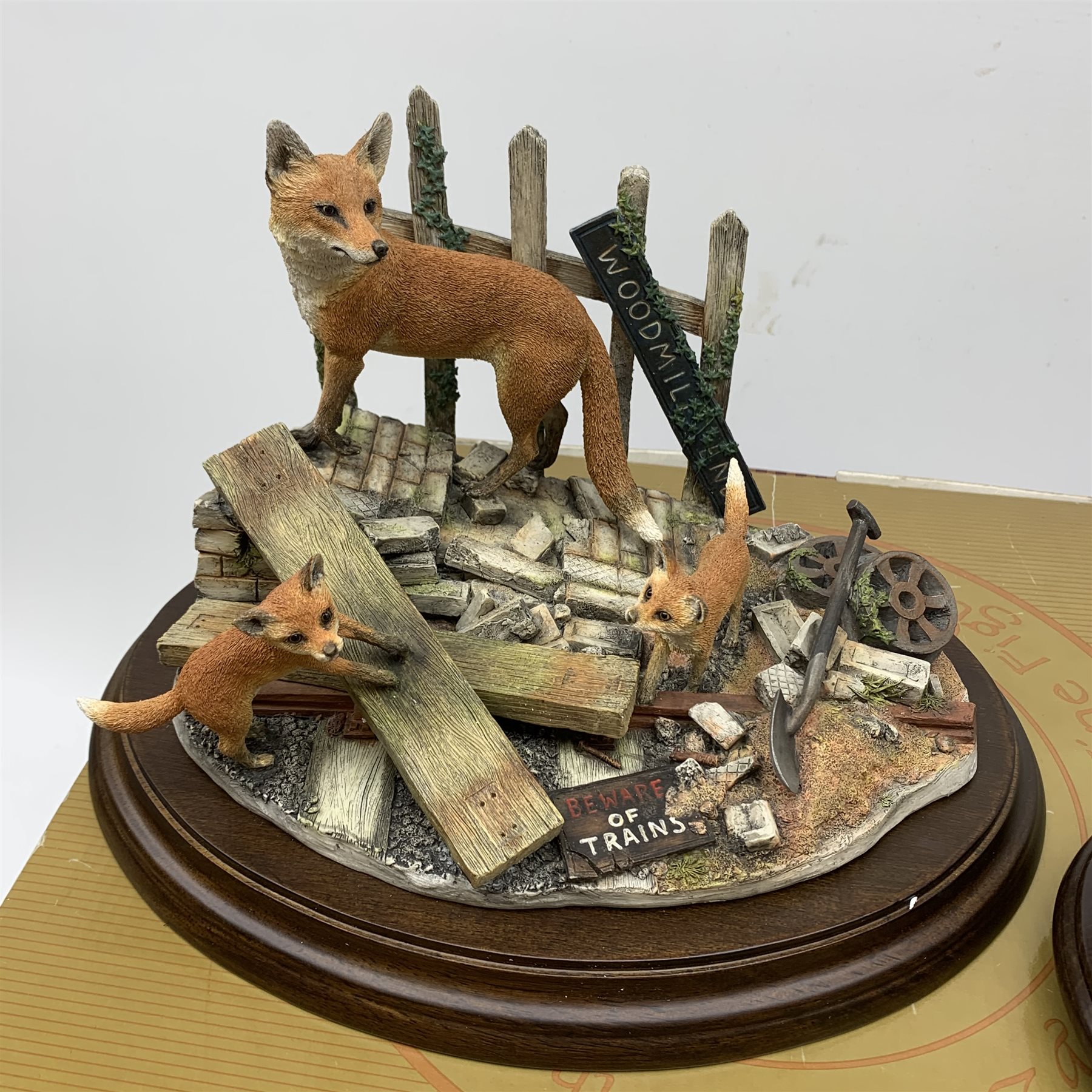 Four Country Artists figure groups comprising of limited edition The Railway Family by Paul Szeiler, model no 01738, 299/750, on wooden base with box, Job Done by Keith Sherwin, model no 02366, on wooden base with box, First Cut by Keith Sherwin, model no CA947, 99/850, on wooden base, The Last Furrow by Keith Sherwin, model no CA732 on wooden base. (4)