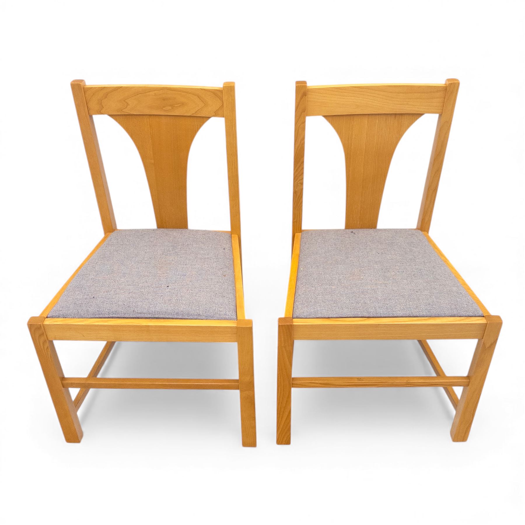 Habitat - contemporary light oak dining table, rectangular veneered top, with mitred border veneer over square section legs, with six beech upholstered chairs in grey fabric, open back with central splat, raised on square section legs, W52xD44xH88cm