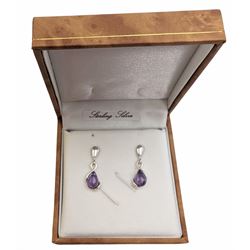  Pair of silver amethyst pendant stud earrings, stamped 925, boxed