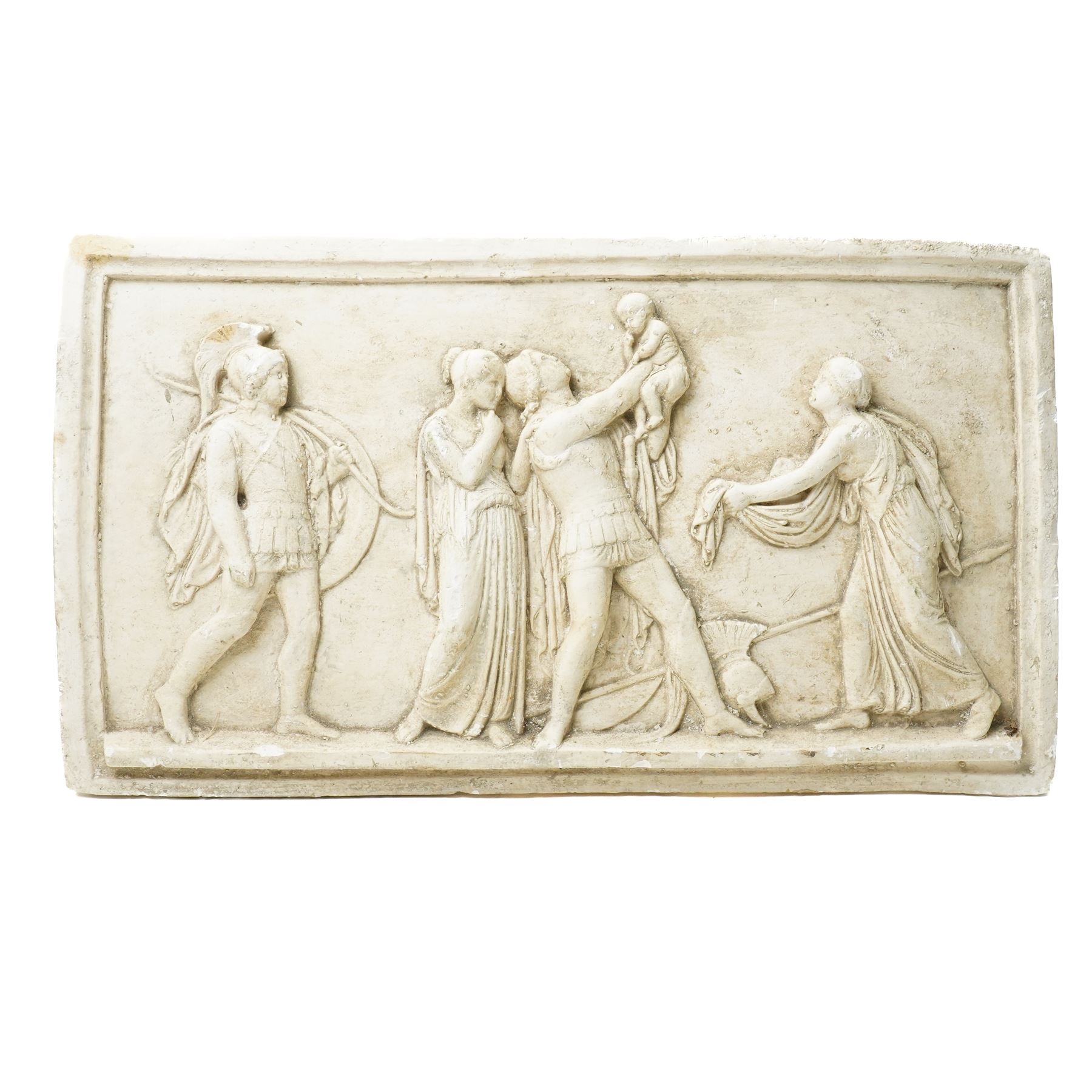 After the Antique - Relief moulded plaster plaque of Roman figures, one holding a child aloft 31cm x 55cm