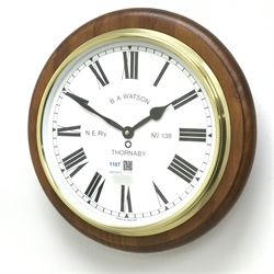  Railway style circular wall clock, dial marked N.E.Rly B.A.Watson Thornaby No.138, D33cm, quartz movement  