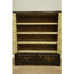  Chinese black lacquered Chinoiserie style two door cupboard with two drawers, W82cm, H97cm, D36cm  