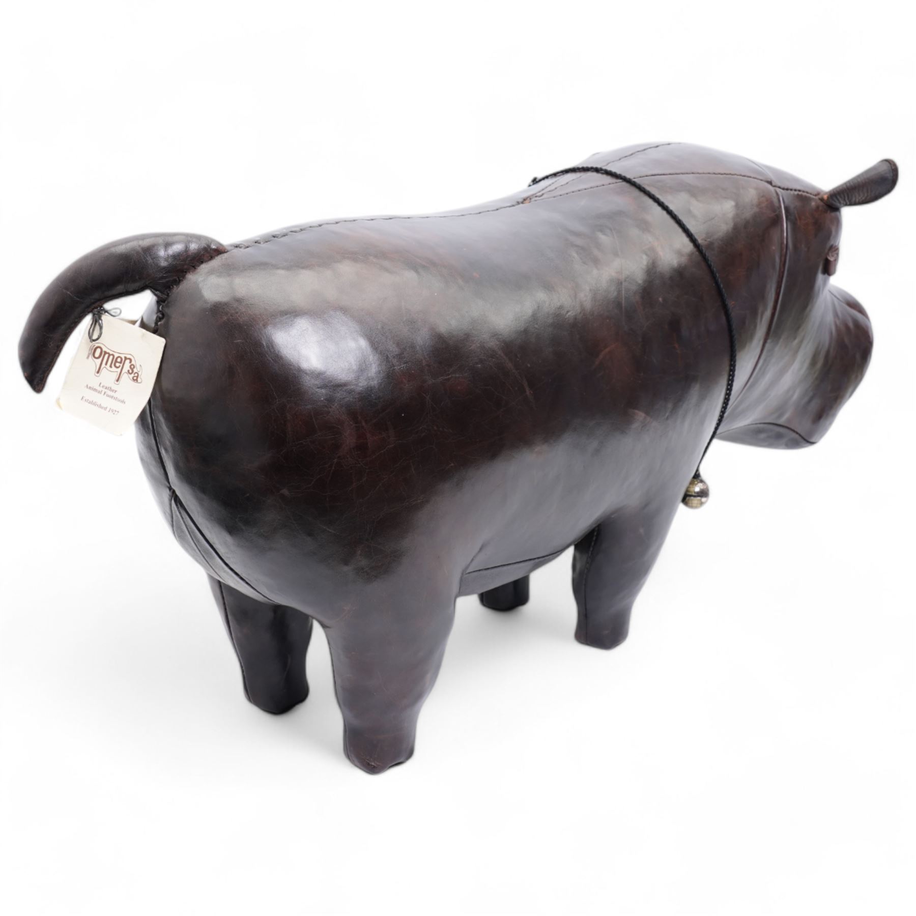 Omersa leather footstool in the form of hippopotamus, with silver 'The World of Thomas Sabo' charm collar, with original retail card tag, W80cm 
