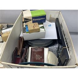 Large collection of projectors and equipment, to include Alphaxia Gnome projector, Kodak Brownie projector, slide containers, projector screen, etc, in six boxes