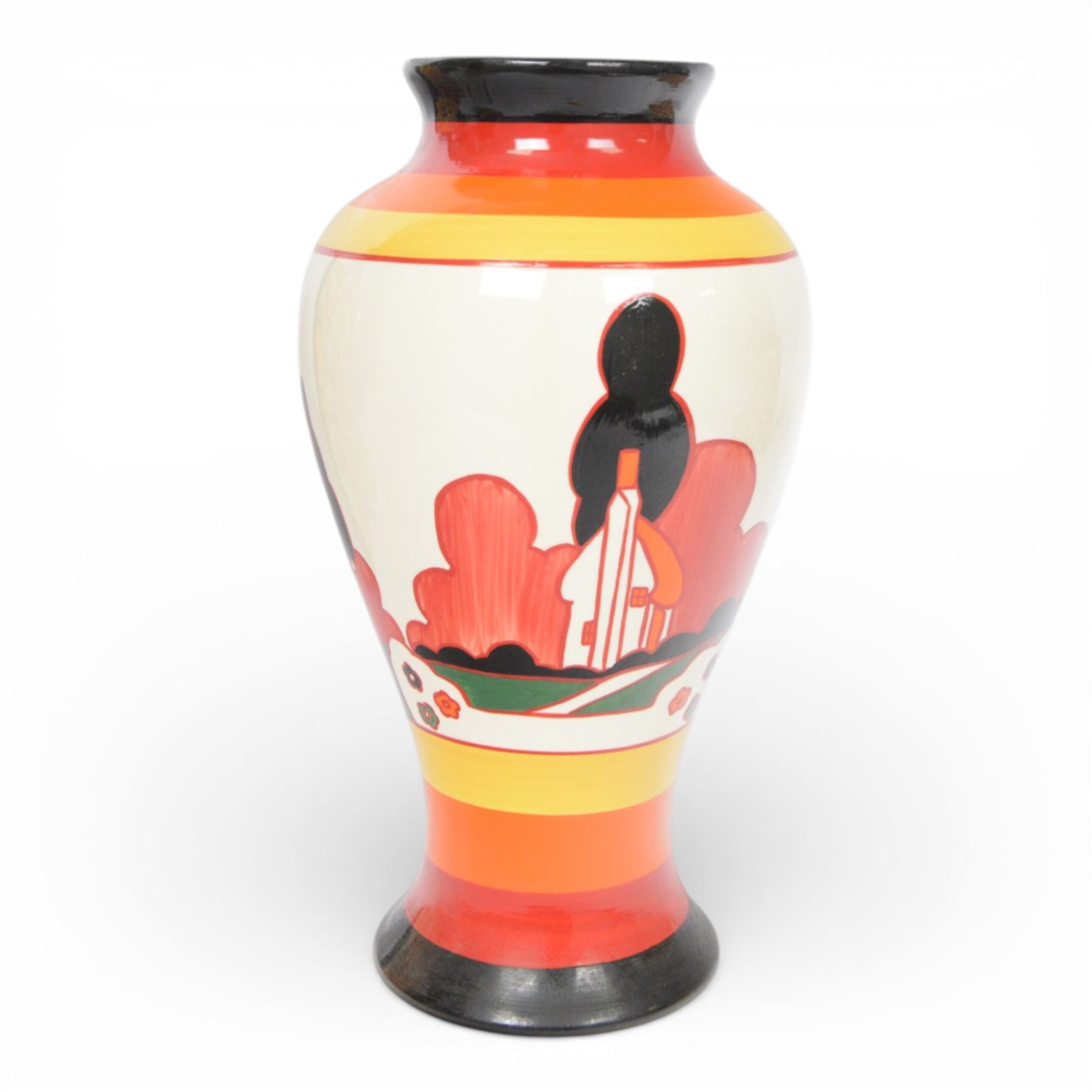 Wedgwood Bizarre by Clarice Cliff, Mei Ping vase, Farmhouse, hand painted based upon an original, limited edition 54/250, with certificate and box, H31cm 