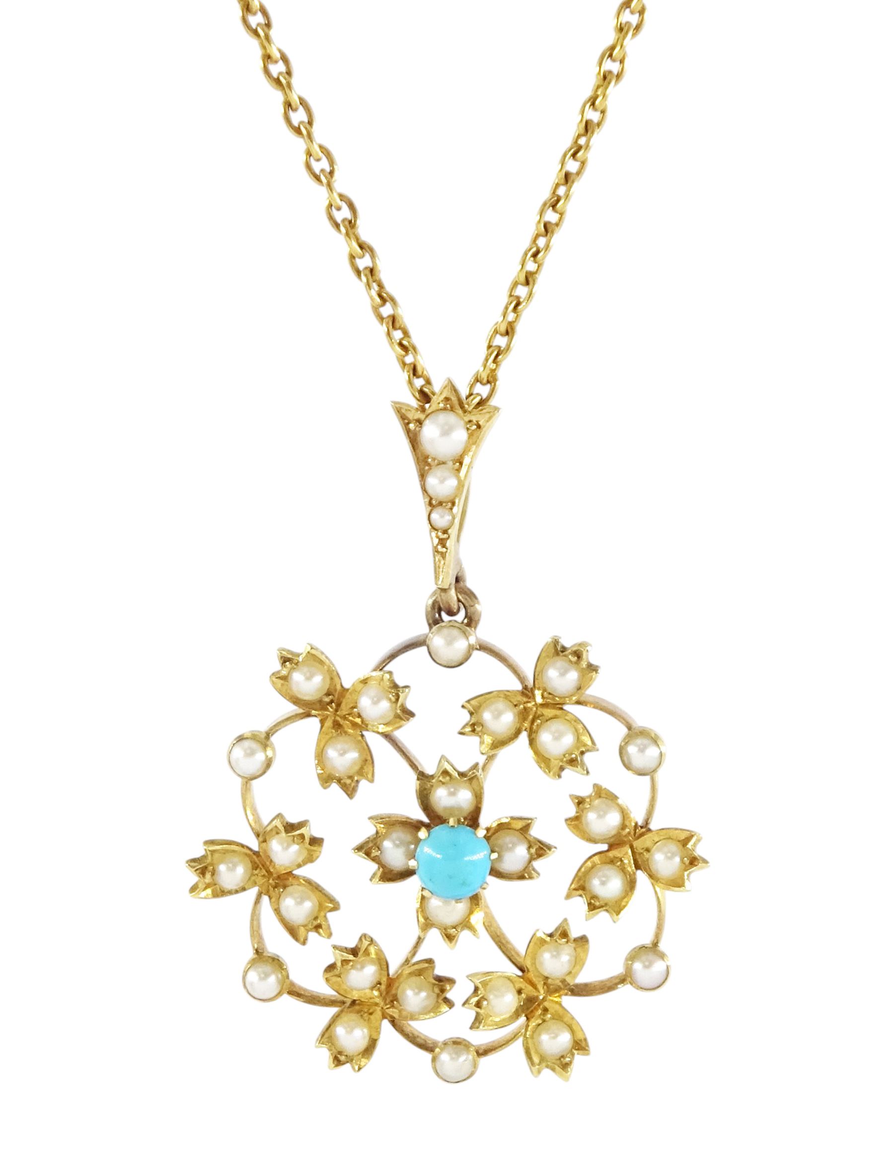 Edwardian gold turquoise and split pearl foliate pendant necklace, both stamped 15ct