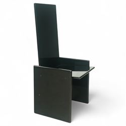 Kazuhide Takahama for Simon Gavina - set of six 1970's Italian designer black lacquered 'Kazuki' dining chairs, high slanted back over rectangular seats and broad panelled side supports, labelled to underside