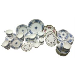 Coalport Revelry pattern tea and dinner wares, comprising nine dinner plates, four salad plates, eleven side plates, sauce boat and stand, ten teacups and ten saucers, and preserve pot and cover, together with a Coalport plate of shaped form decorated with pink roses, and a Royal Crown Derby Royal Antoinette pattern trio