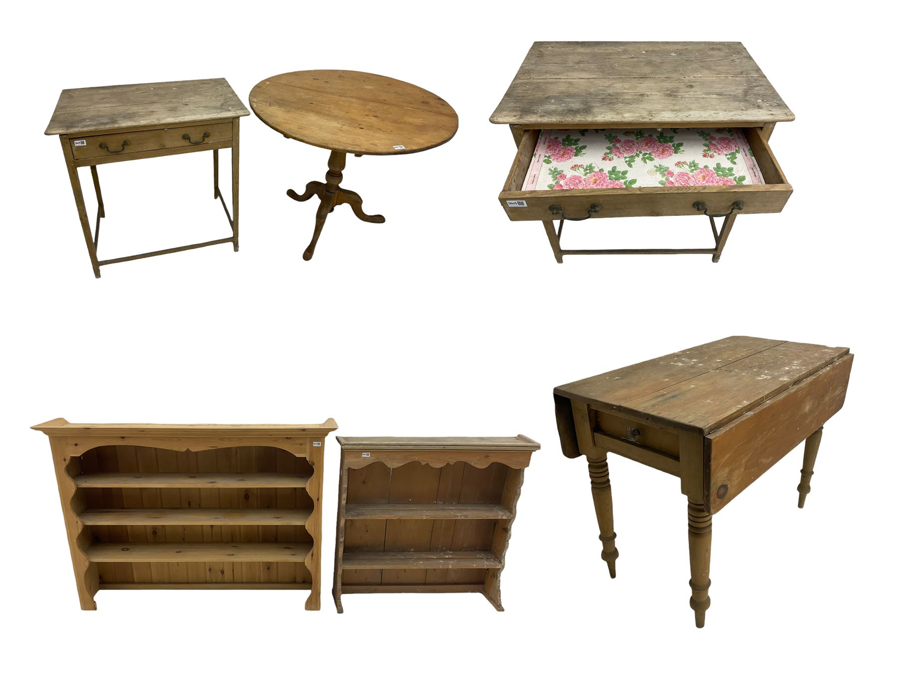 Victorian pine drop leaf table, with drawer, circular pine pedestal table, pine side table and two plate racks (5)