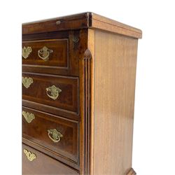 Burr and figured walnut bachelor's chest, hinged moulded top with feather banding and inlaid central star motif, canted and fluted uprights enclosing four graduating drawers, shaped brass handles with foliate decoration, lower mould over bracket feet