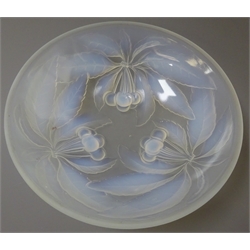  1920's/ 30's French opelescent glass dish by G. Vallon, moulded in relief with cherries and leafage, D23.5cm   