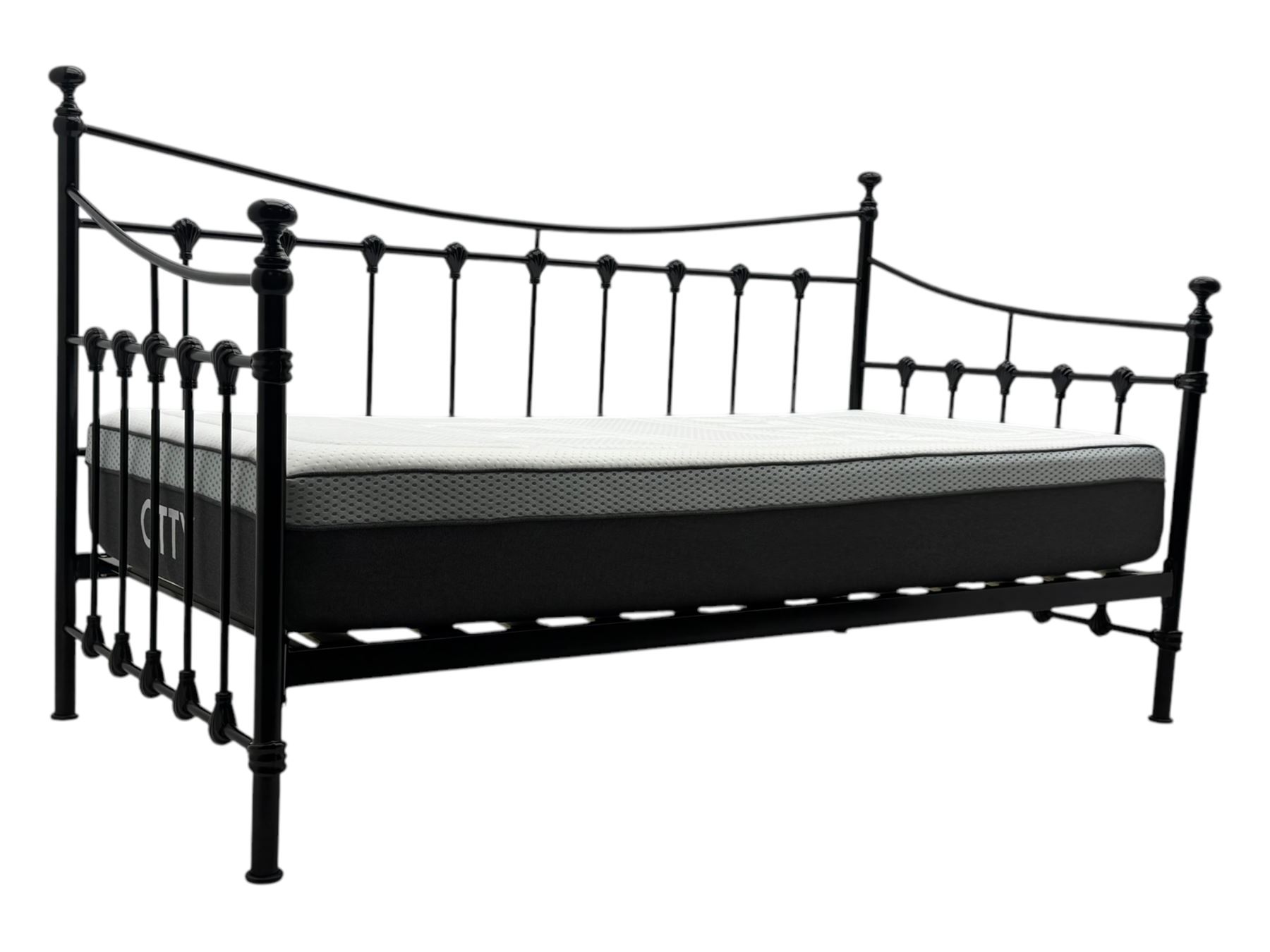 Contemporary Victorian revival black metal day bed, featuring arched back and sides with turned finials and spindle rails, complete with single 'OTTO' mattress