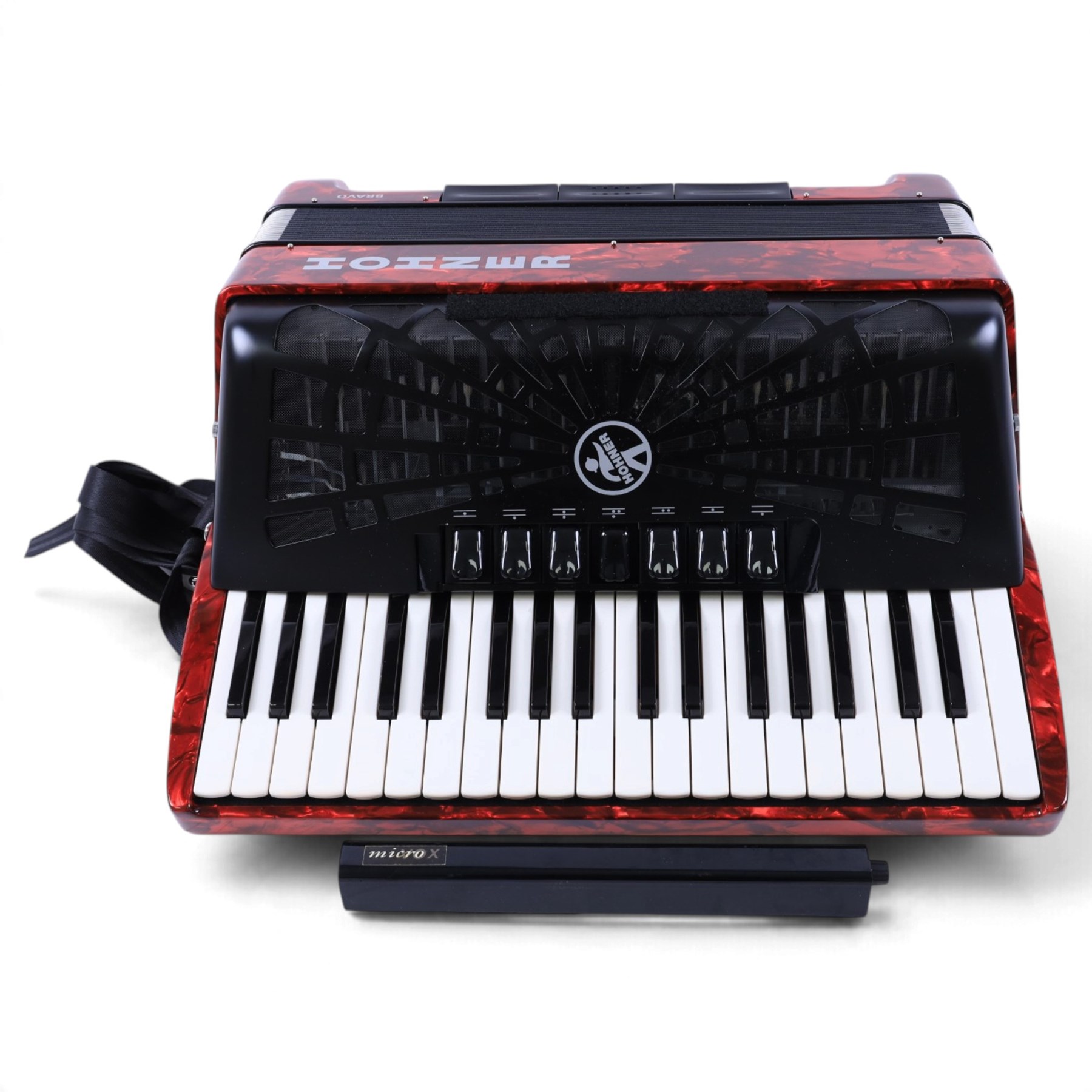 Hohner Bravo III accordion, with 96 bass buttons, pearlescent red case, with Hohner soft carry case and a Microvox microphone