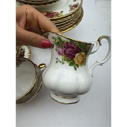 Royal Albert Old Country Roses pattern tea wares, comprising coffee pot, jug and sugar bowl, cake stands, napkin rings, teacups and saucers, side plates, dessert plates, small plates, all with printed marks beneath