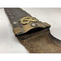 Scratch-built fighting/throwing knife, probably trench art, with 18cm steel spear type blade, plain cross-piece and French Lebel Rifle bayonet grip; in bras mounted studded leather sheath with belt hanger L29.5cm overall