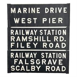 Three mid 20th century Scarborough bus destination blind sections, 'Railway Station, Falsgrave, Scalby Road', 'Marine Drive, West Pier' and 'Railway Station, Ramshill RD, Filey Road', each L78cm H30cm