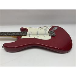 1990s Korean Squier Fender Stratocaster electric guitar in cherry red; serial no.S965951, L98cm