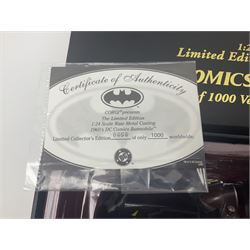 Two Corgi DC Comics die-cast Batmobiles comprising 1:18 scale die-cast Limited Edition Pre-Production Raw Metal Casting 1940 Batmobile Roadster no. 184/300, and 1:24 scale die-cast Limited Edition Raw Metal Casting 1960 Batmobile no. 858/1000, both with original boxes and certificates of authenticity 
