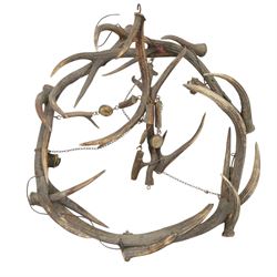 Antlers/Horns - Deer antler chandelier, of circular form, with five fitted lights