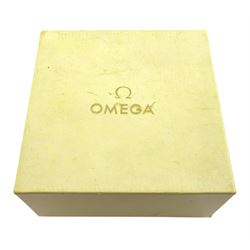 Omega 9ct gold ladies manual wind wristwatch, on black leather strap with gold 9ct Omega buckle hallmarked, boxed with papers
