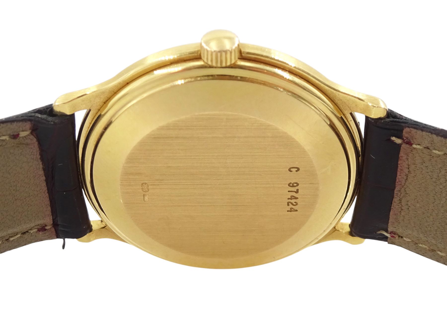 Audemars Piguet gentleman's 18ct gold automatic wristwatch, Ref. 14406 / 002, Cal. 2125, white dial with Roman numeral hour markers and date aperture, on brown leather strap, with original certificate, purchased through Harrods and dated 1997 