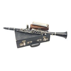 Boosey & Hawkes Regent nickel mounted four-piece clarinet no.400665, cased; and Hohner '64 Chromonica' four chromatic octaves professional model harmonica in simulated amboyna wood case (2)