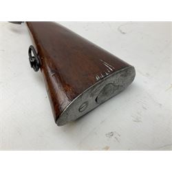Westley Richards .310 Cadet Martini action rifle, the 63.5cm smooth bored barrel with one barrel band, walnut stock stamped 93/352 with hinged compartment to butt, serial no.3365, L103cm