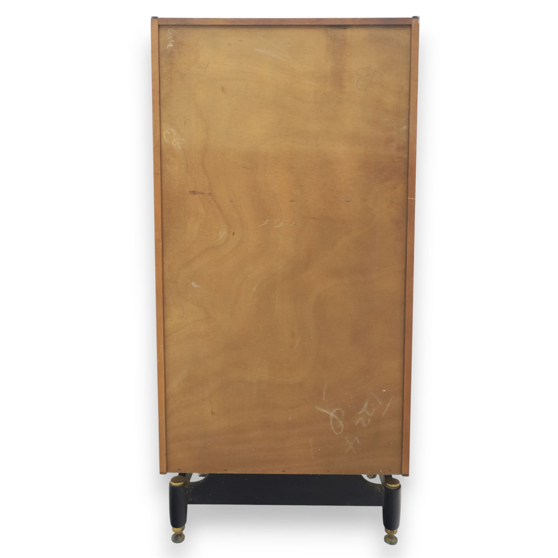 G Plan - 'Librenza' tola wood chest of seven drawers, gold coloured metal pulls on an ebonised based with gold coloured feet