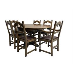 20th century oak circular extending dining table, splayed supports united by carved bulbous turned column on cross plinth base; with set six (4+2) 20th century oak dining chairs, shaped cresting rail, upholstered dark maroon leather finish seat, raised on turned supports united by bobbin turned stretcher