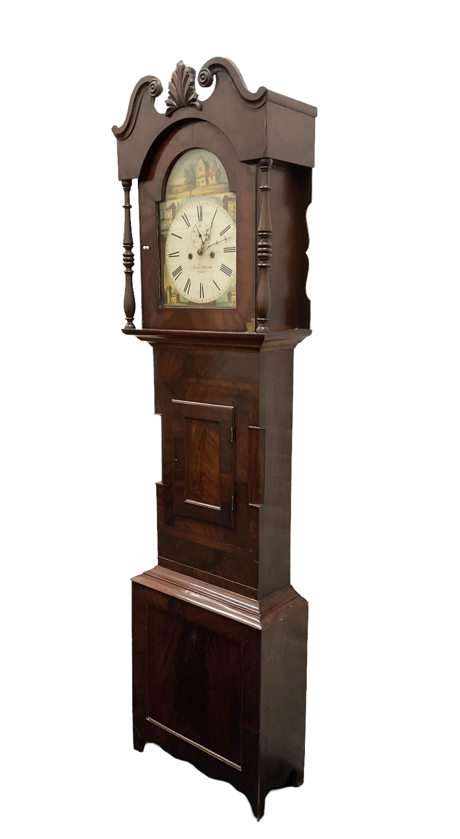 Joseph Richmond of York -  late19th century mahogany cased 30 hr longcase clock, with a swans neck pediment, break arch hood door flanked by ring turned pilasters, broad trunk with part-length recessed pillars and a short trunk door on a broad plinth with a recessed panel, fully painted dial with depictions of country cottages to the spandrels and break arch, with Roman numerals and minute track, stamped brass hands, dummy winding arbors and dummy seconds hand, dial pinned directly to a chain driven count wheel striking movement, striking the hours on a bell. With pendulum and weight.
Joseph Richmond of Fossgate was a respected clockmaker in 19th century York, maintaining the clocks in York Minster and other civic buildings in York.