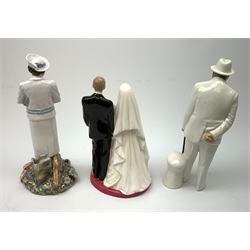 Three Royal Doulton figures, comprising HM The Queen and HRH The Duke of Edinburgh, HN3836, limited edition 458/750, HM Queen Elizabeth The Queen Mother, HN3944, limited edition 887/5000, and Sir Winston Churchill, HN3057. 