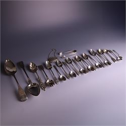 Collection of silver flatware, including pair of George III Fiddle patter table spoons and set of six Edwardian teaspoons with ivy decoration and matching sugar tongs, together with a silver 'Sherry' decanter label