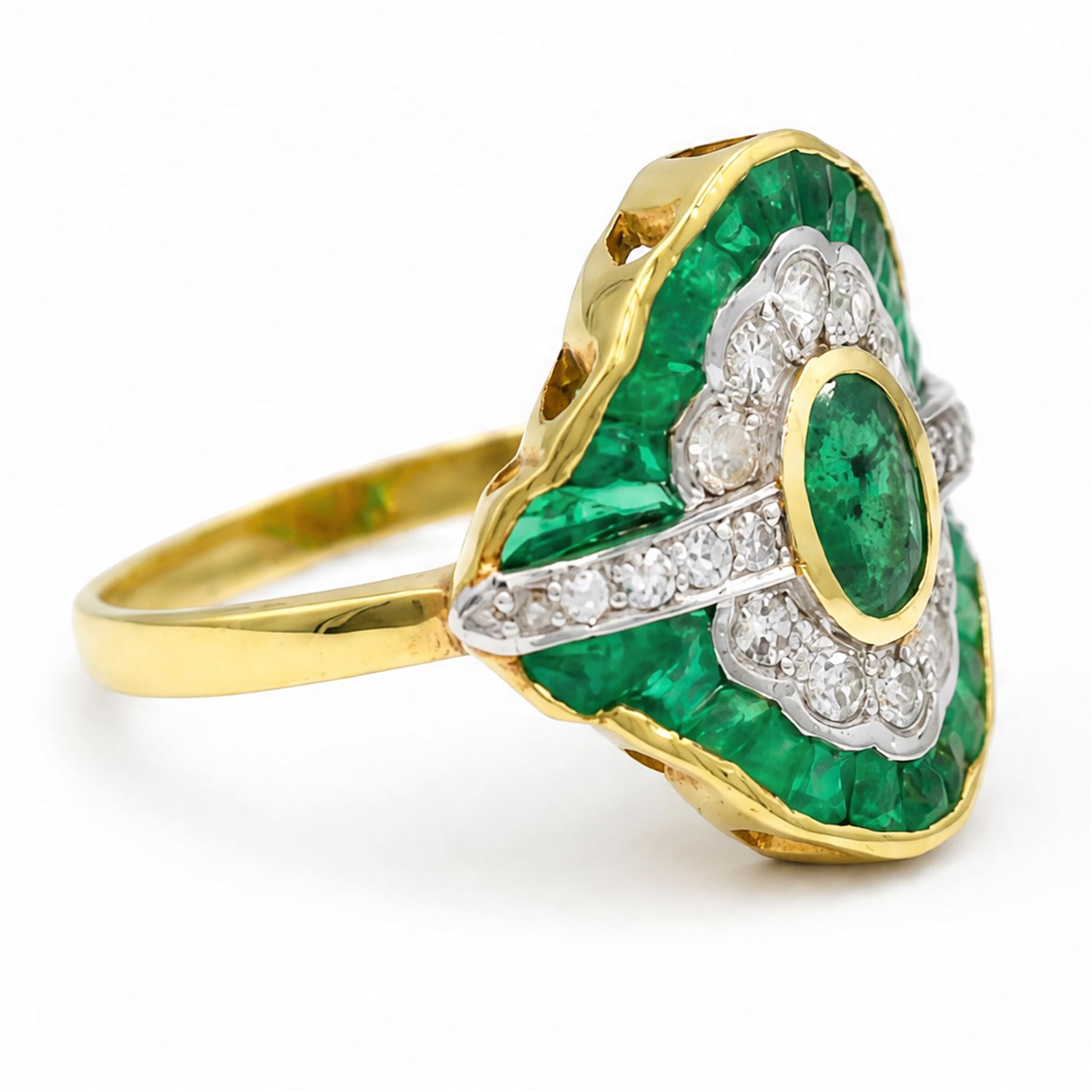 18ct gold emerald and diamond dress ring, single oval cut emerald, with single cut diamond and calibre cut emerald surround, total diamond weight approx 0.35 carat, total emerald weight approx 0.65 carat