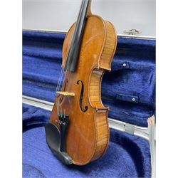 Early 20th century German Ernst Kreusler violin with 36cm two-piece maple back and ribs and spruce top, bears label 'Ernst Kreusler Dresden Anno 1925  Hand made reproduction of Antonius Stradivarius Cremona', overall L59cm; in hard carrying case