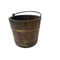 Tudor style oak coal type box with hinged top, with tin liner; and a coopered bucket (2)