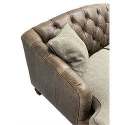 Tetrad - 'Dalmore' traditional shaped two seat sofa, upholstered in buttoned brown leather with contrasting wool seat cushions, together with scatter cushions, on turned front feet