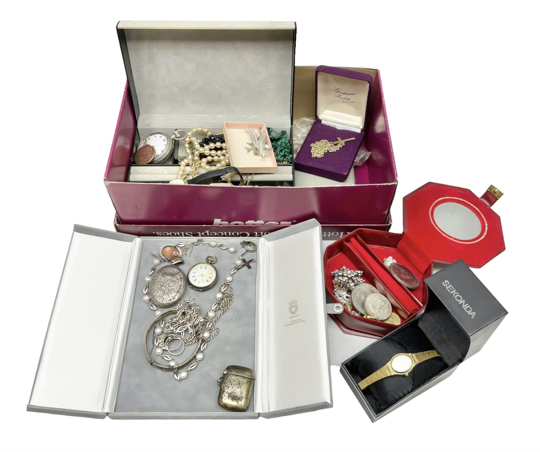 Victorian and later silver jewellery including engraved oval locket pendant, bangle, fob watch, vesta case, faux pearl necklace, butterfly wing pendant etc, a collection of costume jewellery including beaded necklaces, brooches, earrings, ladies wristwatches and a small collection of coins including two pre 1947 half crowns 