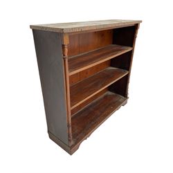 Late Victorian mahogany open bookcase, rectangular marble top over two shelves, flanked by split turned pilasters, on bracket feet