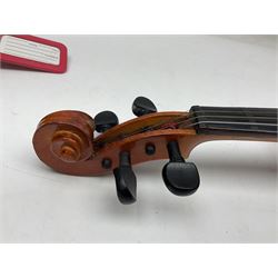 Four student violins - two Chinese three-quarter size with 33.5cm and 34cm two-piece backs; Stringers of Edinburgh quarter size with 28cm two-piece back; and Stentor quarter size with 28cm two-piece back; each in carrying case (4)