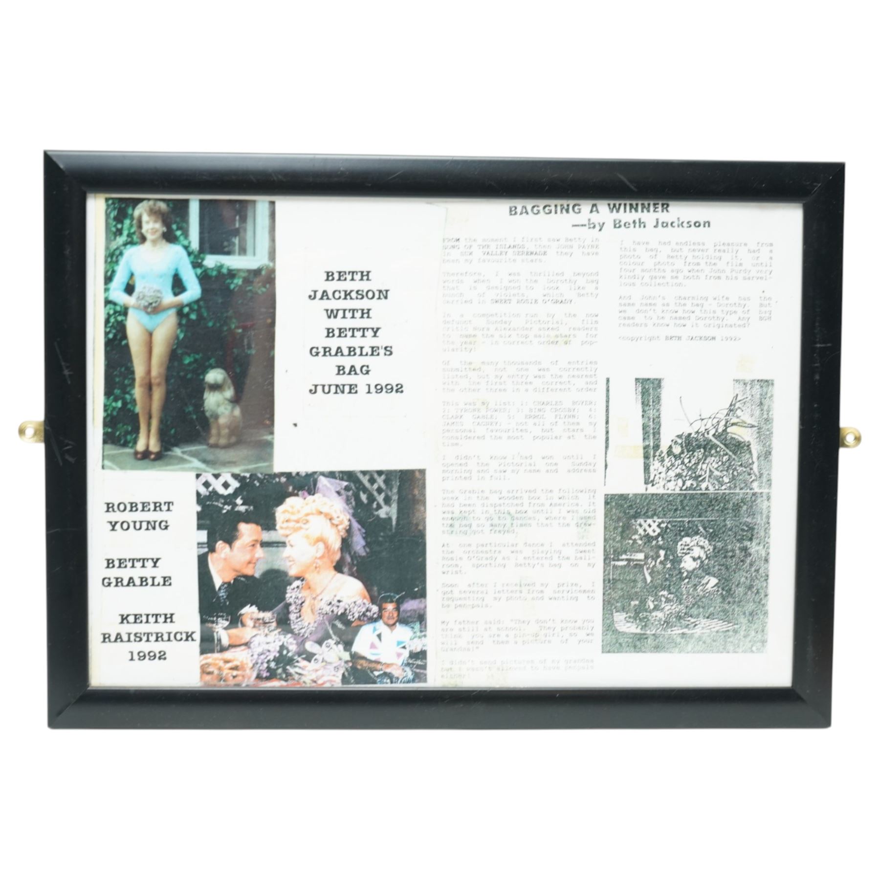 Betty Grable -  A purse designed as a bunch of violets and used by Betty Grable in the film 'Sweet Rosie O'Grady' 1943 and won in a competition in the Sunday Pictorial newspaper by Beth Jackson with newspaper cuttings, letter, photographs etc, together with a limited edition figure of Betty Grable by Modern Icons 458/2500, with magazines, books and other items relating to Betty Gable