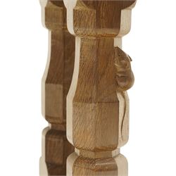 Mouseman - adzed oak rectangular coffee table, commissioned with four octagonal supports joined by chamfered stretcher terminating in sled feet, with carved mouse signature, by the workshop of Robert Thompson of Kilburn